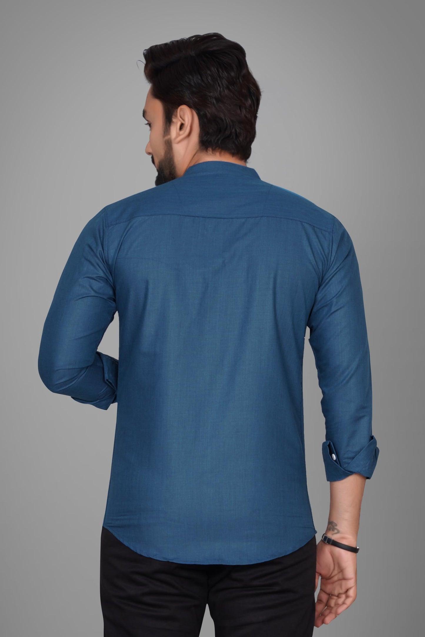 Besix MenS Cotton Solid Shirt With Mandarin Collared Full Sleeve Button Closure Curved Hem Straight Length And One Pocket | Mdr