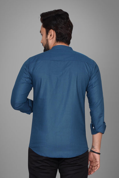 Besix MenS Cotton Solid Shirt With Mandarin Collared Full Sleeve Button Closure Curved Hem Straight Length And One Pocket | Mdr