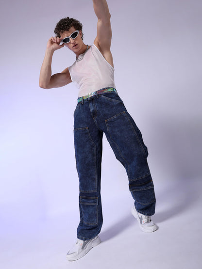 The Indian Garage Co Men Baggy Solid Mid-Rise Carpenter Utility Denim