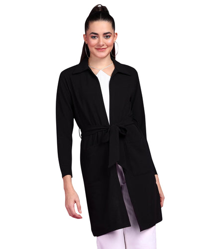 POPWINGS Women Casual Black Solid Belt Closure Long Shrug