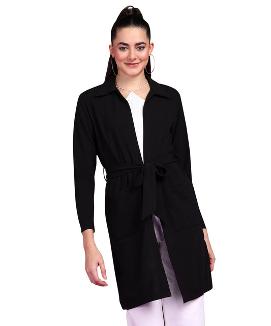 POPWINGS Women Casual Black Solid Belt Closure Long Shrug