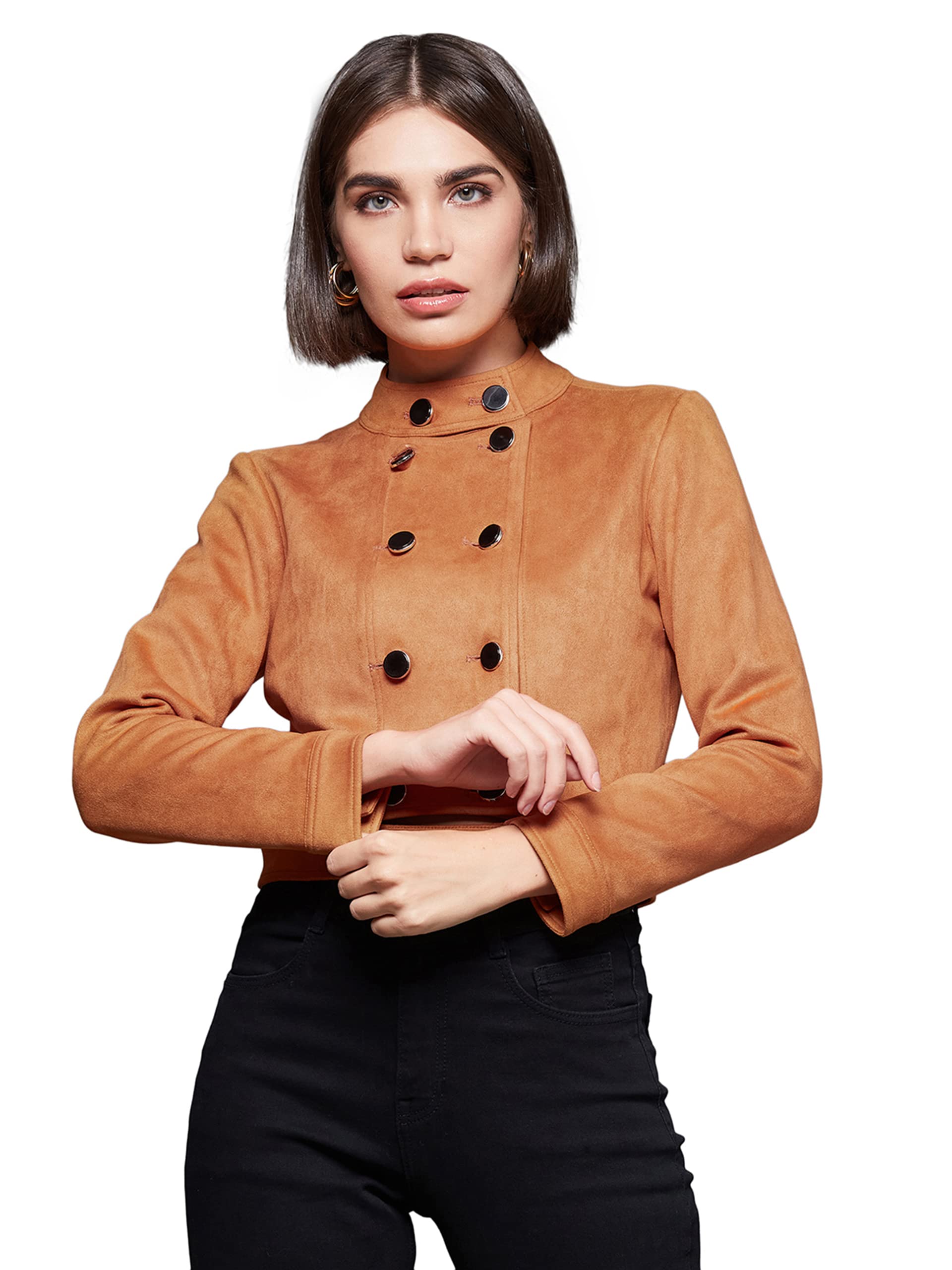 Miss Chase Womens Solid Mandarin Collar Full Sleeve Double Breasted Cropped Jacket (MCAW24JKT03-64-286-06, Burnt Orange, XL)