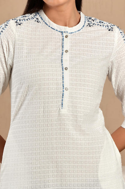 W White Cotton Thread Work Straight-Long Kurta for Women
