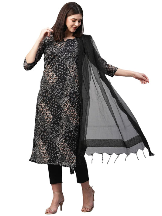 GoSriKi Women's Georgette Straight Printed Kurta with Pant & Dupatta (Pivis Black-GS)