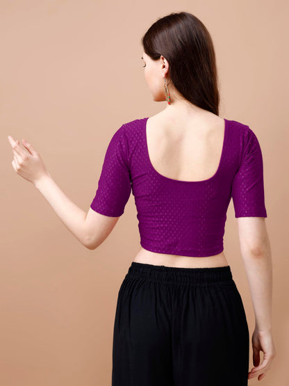 Pujia Mills WomenS Readymade Dobby Cotton Lycra Stretchable Round Neck Half Sleeve Blouse Fancy Wine Color Lycra Stretchable Bl