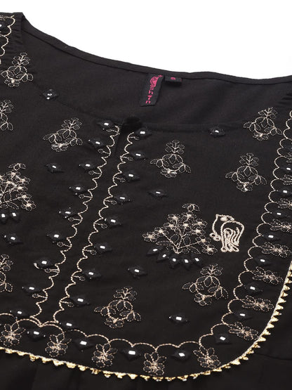 Ishin WomenS Cotton Black Embroidered A-Line Kurta Set With Trouser & Dupatta