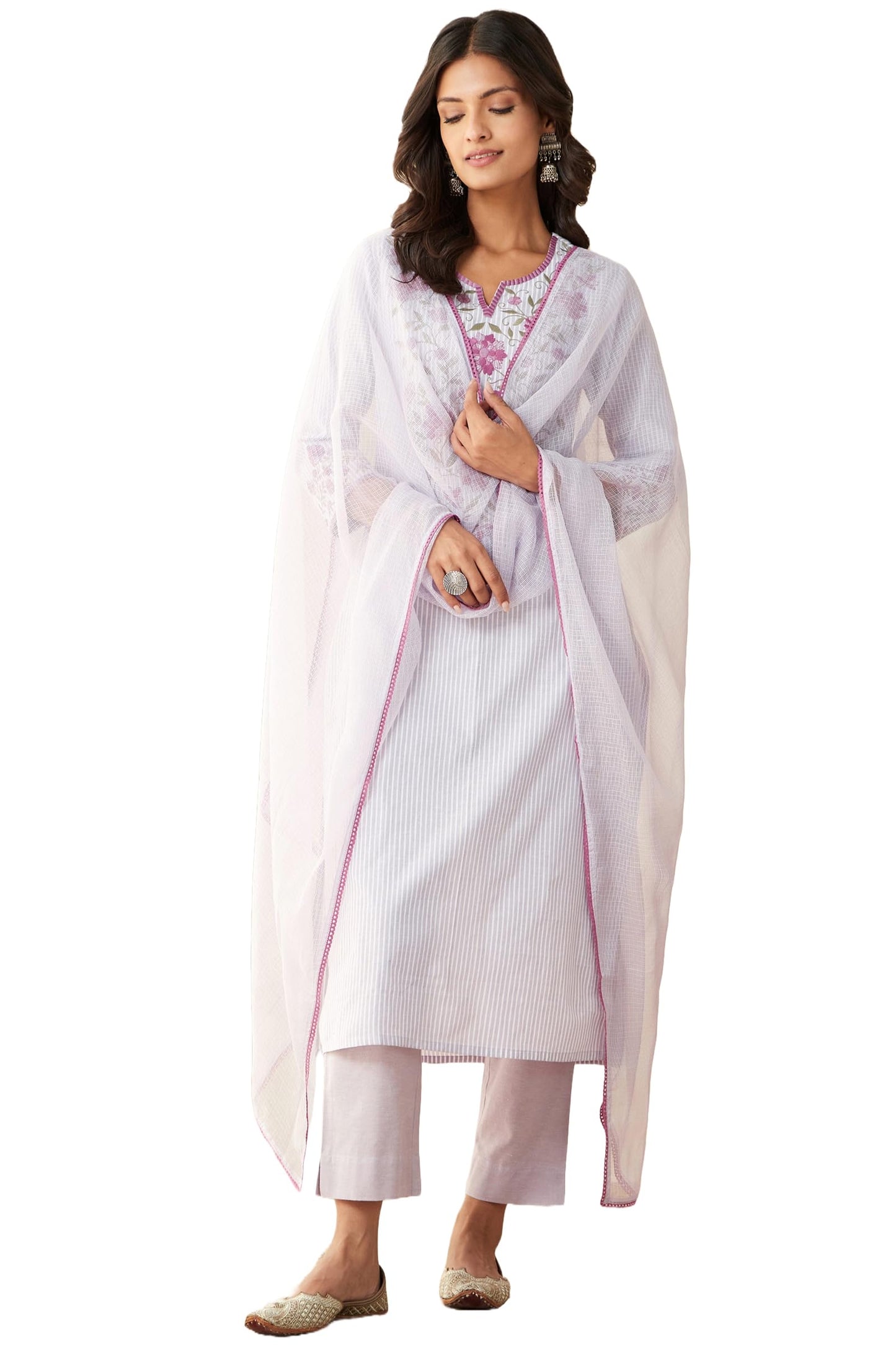 GoSriKi Women's Kurta Set with Trousers & Dupatta, Green, Large, Model FARIGUP-GS