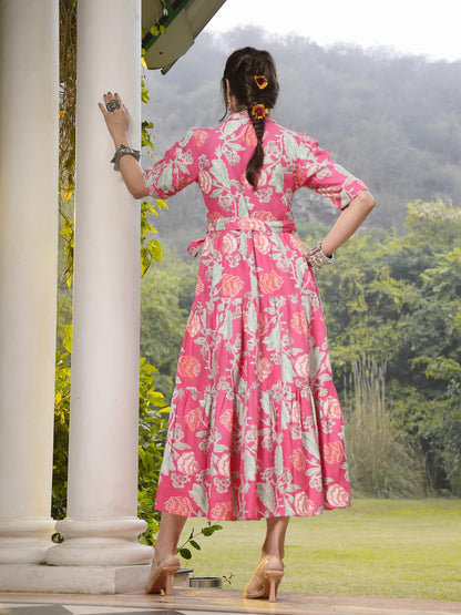 Stylum Womens Pink Floral Printed Rayon Tiered Dress