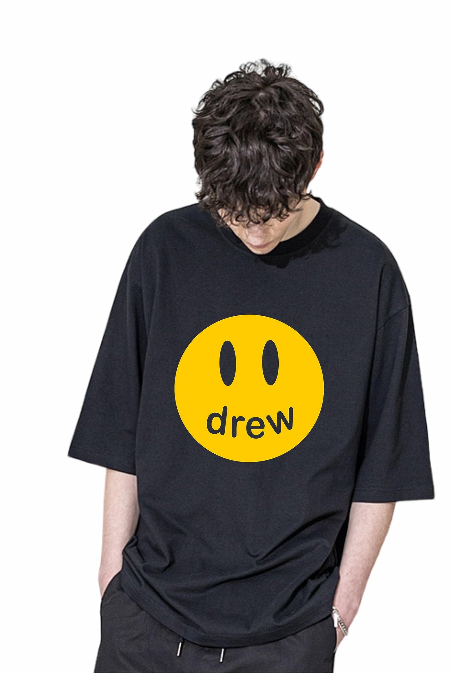 Uniplanet Store Solid Oversize Drew Round Neck Cotton Printed Black T Shirt For Men