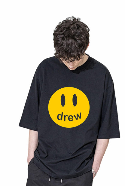 Uniplanet Store Solid Oversize Drew Round Neck Cotton Printed Black T Shirt For Men