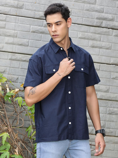 Thomas Scott Solid Double Pocket Boxy Fit Casual Shirts for Mens NavyBlue