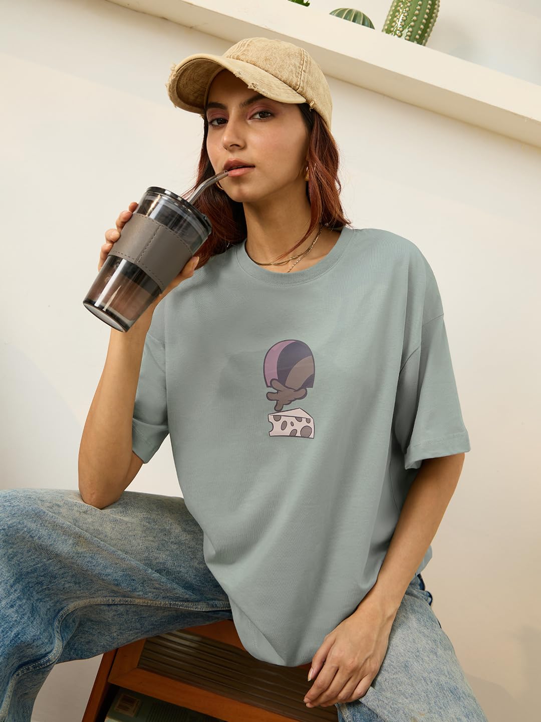 The Souled Store Official Tom & Jerry: Munching Mischief Women and Girls Short Sleeve Round Neck Grey Graphic Printed Cotton Ove