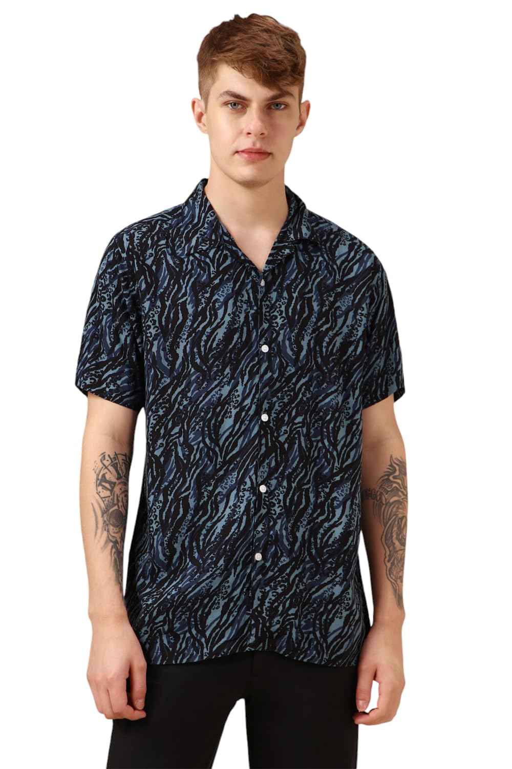 Dennis Lingo Men Navy Blue Rayon Half Sleeve Cuban Collar Printed Shirts