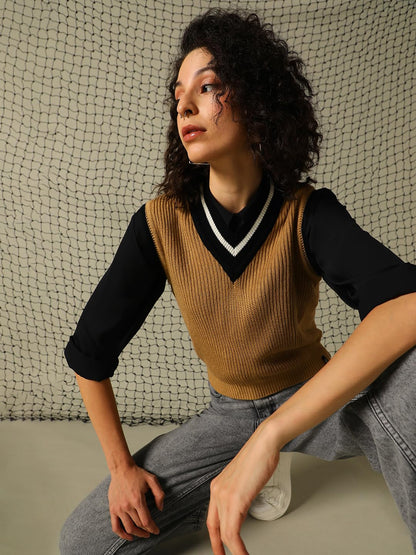 Hubberholme Women Knitted Acrylic Regular Fit V Neck Sleeveless Sweaters Beige