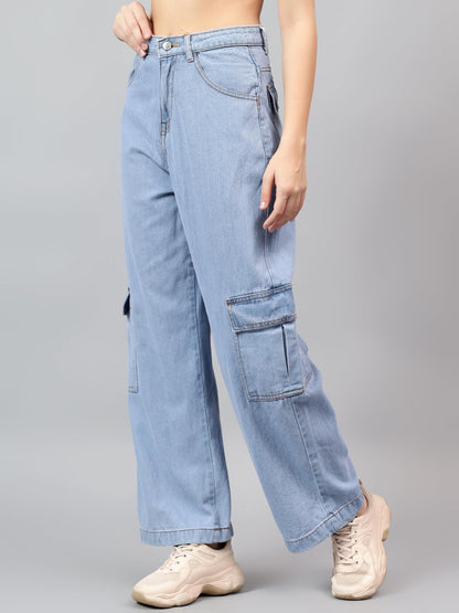 Kotty WomenS High Rise Solid Cotton Blend Stylish Cargo Jeans(Blue,30)