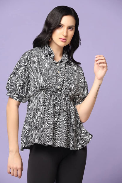 Leriya Fashion Tops For Women || Rayon Zig Zag Printed Tops For Women || Collared Neck || Casual Tops For Women || Front Plated