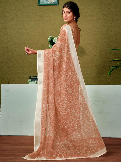 Satrani Womens Linen Printed & Zari Border Ready To Wear One Minute Pre Pleated Readymade Saree with Unstitched Blouse Piece (3