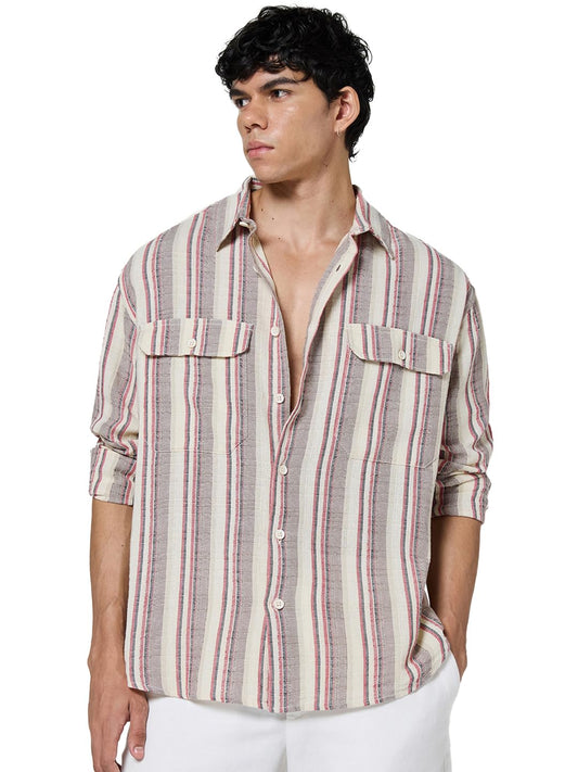 Bewakoof Mens Striped Oversized Fit Full Sleeve Collar Cotton Shirt_677843_Off White_XL