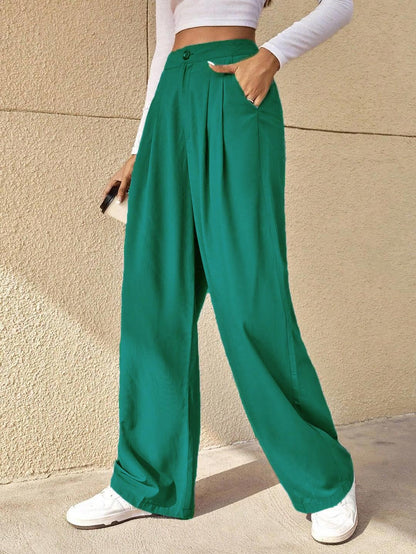 Kotty WomenS Cotton Blend Straight Fit Cross Pocket Solid Trousers Teal Green