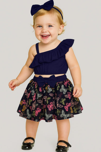 A.T.U.N. (ALL THINGS UBER NICE) Baby Girls One Shoulder Crop Top with Printed Skirt & Matching Headband | 3 Piece Outfit Set