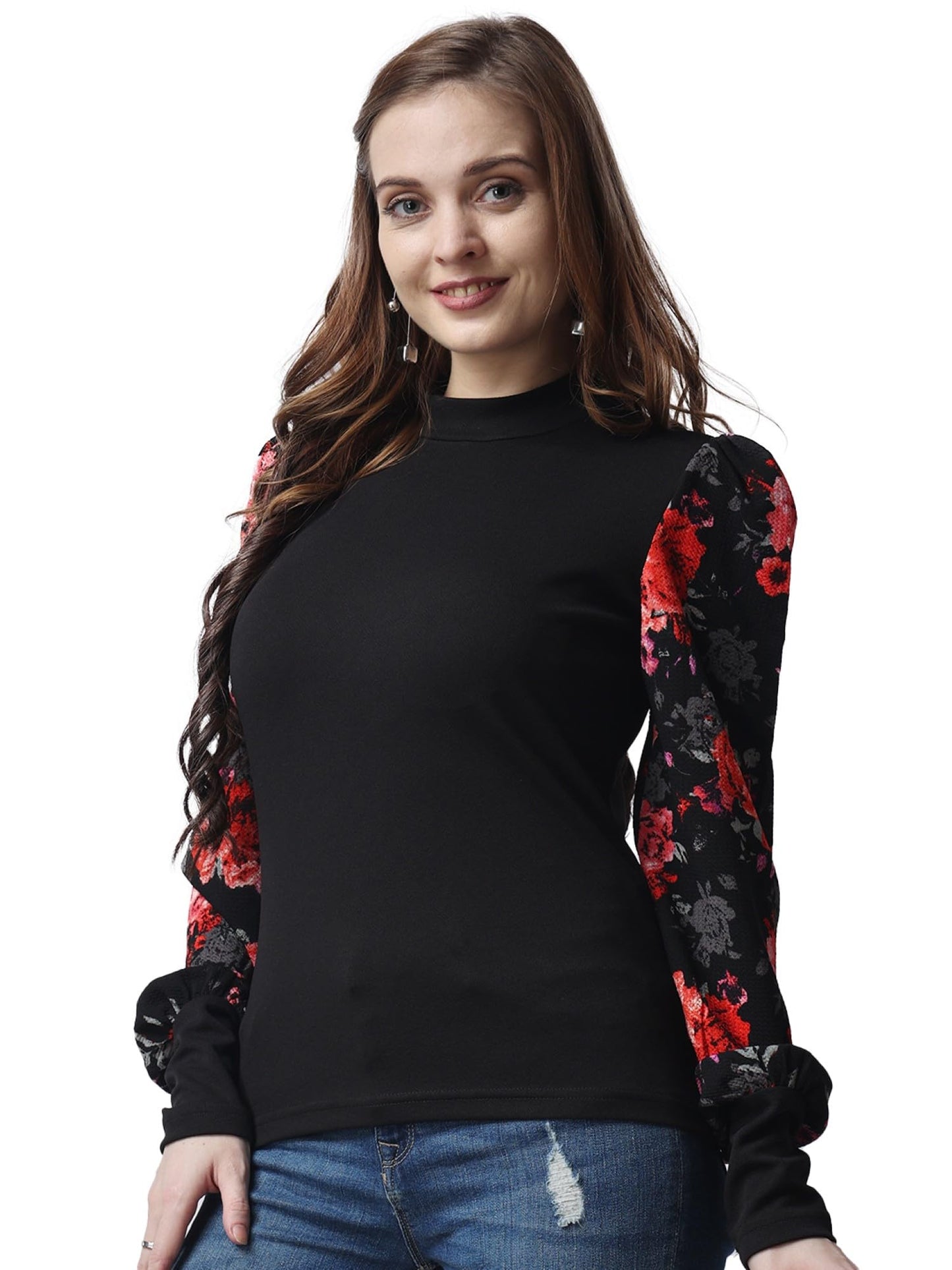 POPWINGS Casual Printed Solid Top for Women || Long Puff-Sleeves Women Top || Round-Neck Top for Women || Stylish Latest Western