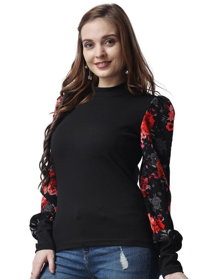 POPWINGS Casual Printed Solid Top for Women || Long Puff-Sleeves Women Top || Round-Neck Top for Women || Stylish Latest Western