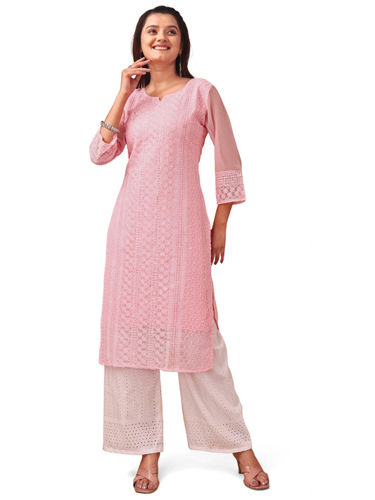 Gufrina WomenS Georgette Straight Kurta Palazzo With Notch Neck 3/4Th Sleeves Solid Pattern Chikankari Work Calf Length And Reg