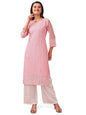 Gufrina WomenS Georgette Straight Kurta Palazzo With Notch Neck 3/4Th Sleeves Solid Pattern Chikankari Work Calf Length And Reg