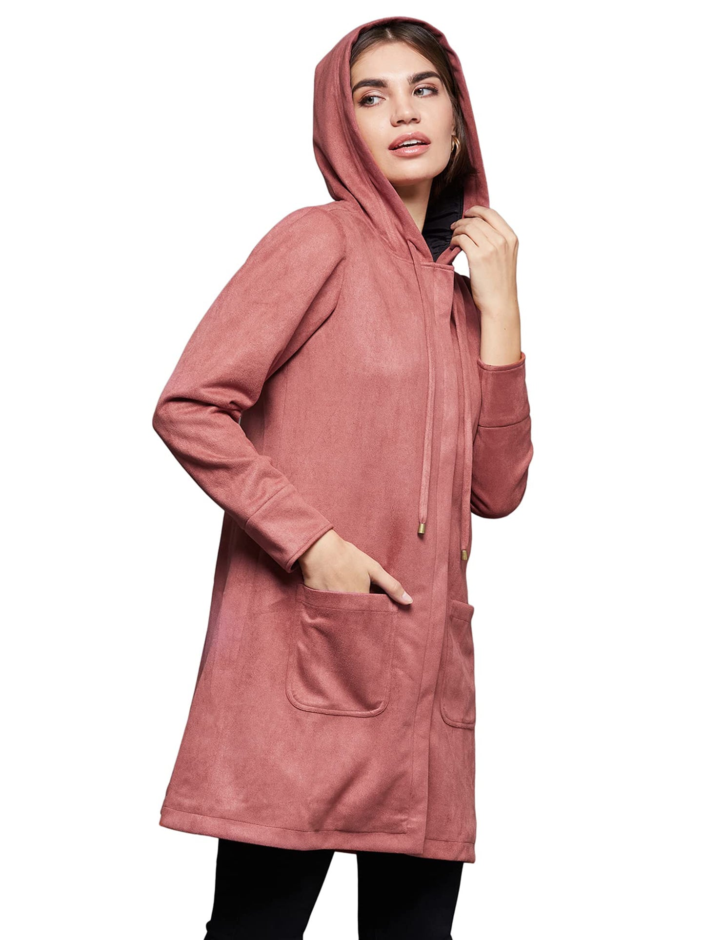 Miss Chase Womens Dark Peach Solid Hooded Neck Full Sleeves Casual Winter Wear Polyester Longline Jacket (MCAW22JKT03-50-288-04