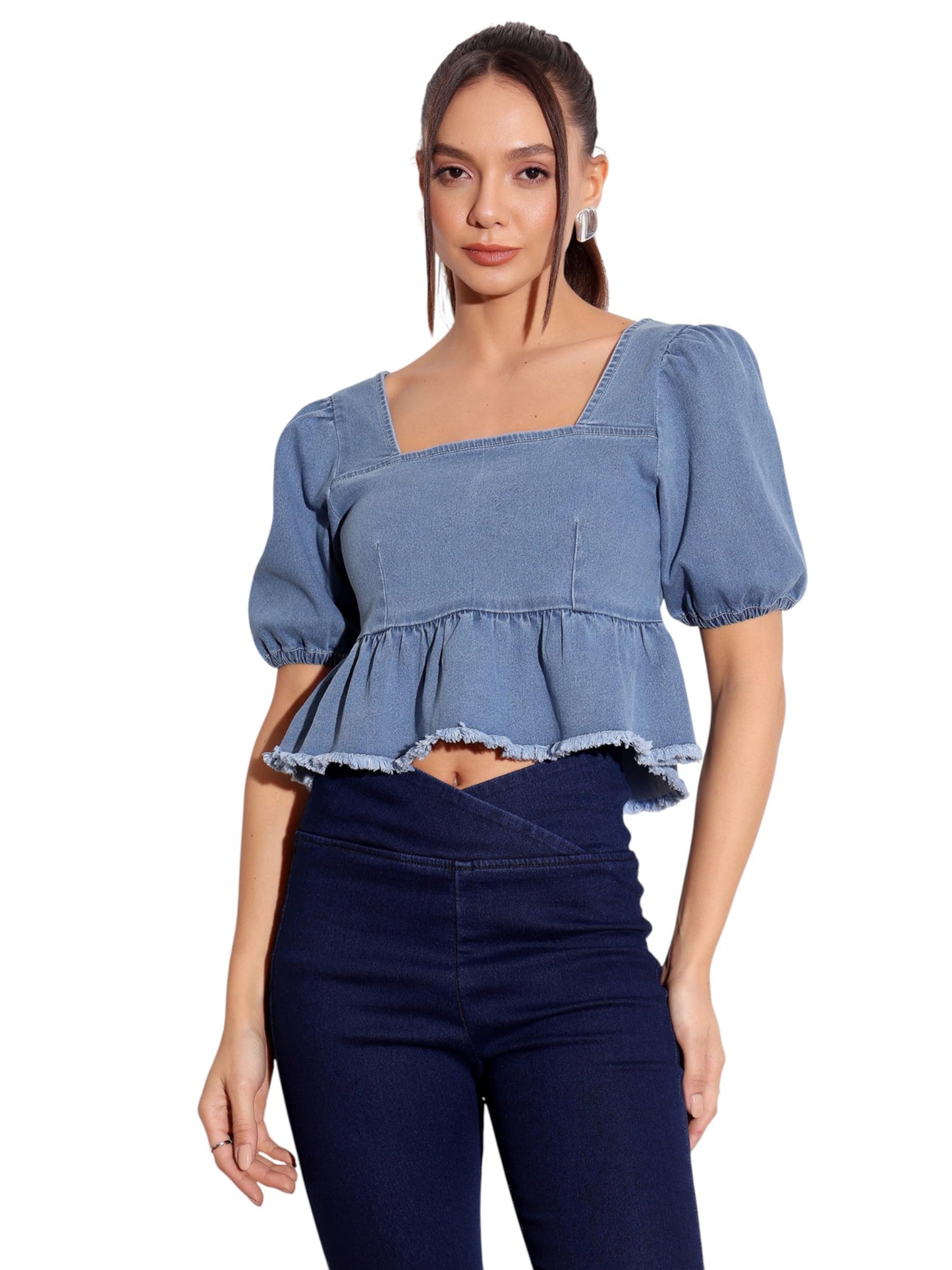 Miss Chase Womens Square Neck Puff Sleeve Peplum Styled Denim Cropped Top (MCAW24DEN03-34-158-06, Light Blue, XL)