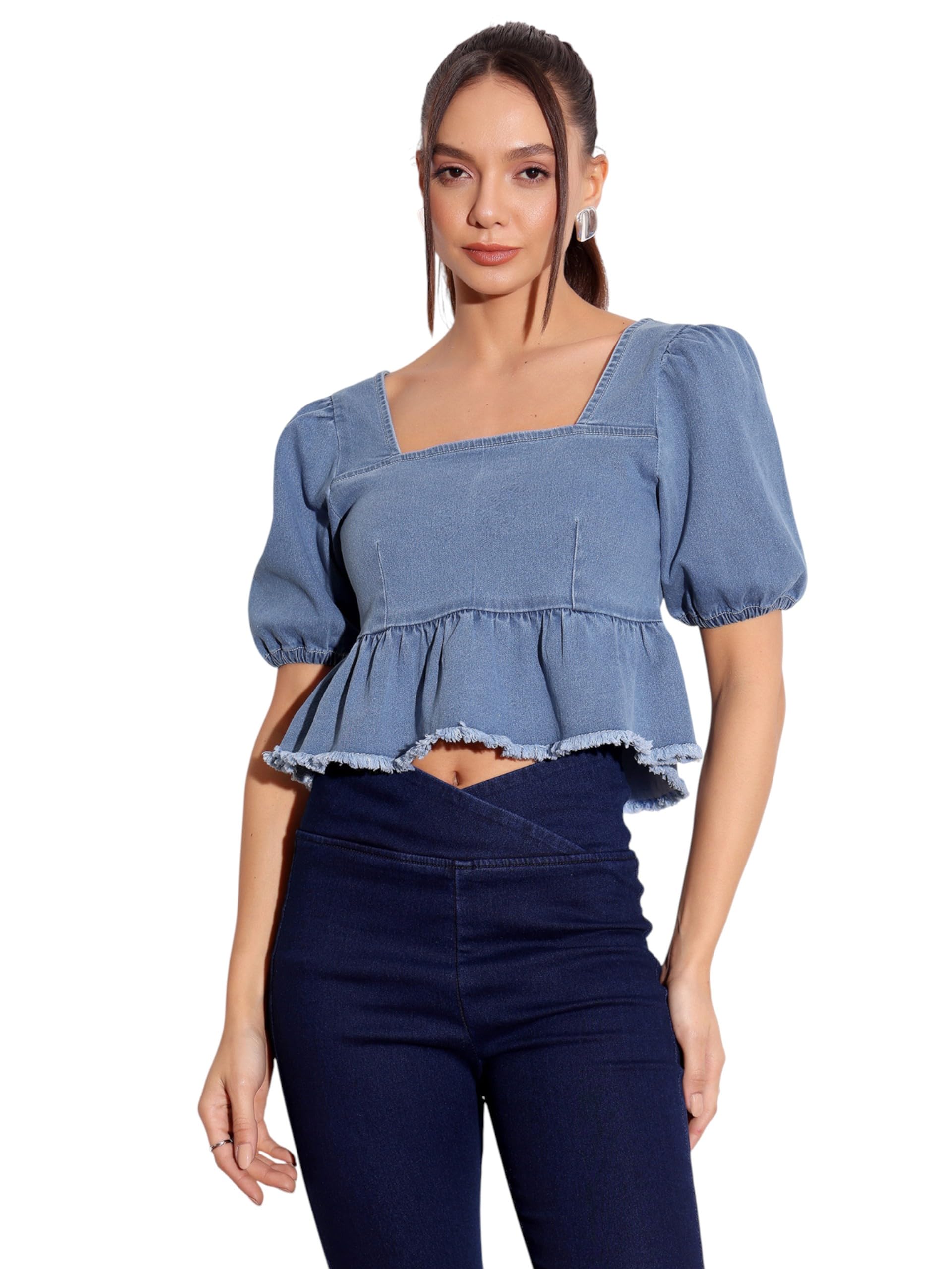 Miss Chase Womens Square Neck Puff Sleeve Peplum Styled Denim Cropped Top (MCAW24DEN03-34-158-06, Light Blue, XL)
