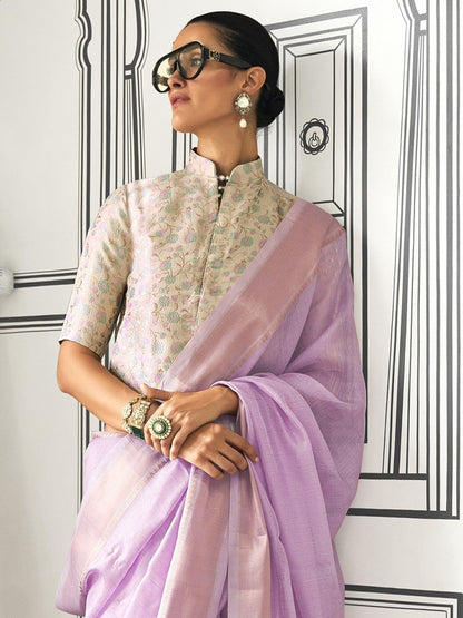 Madhuhansh Womens Soft Linen Saree With Unstitched Multicolor Paisley Blouse Piece Saree With Satin Border Comfortable Skin Frie