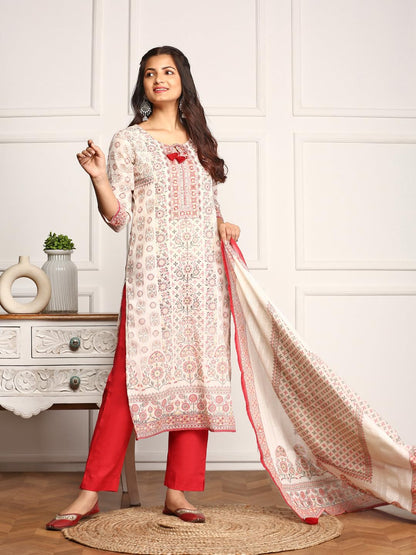 ishin Embellished Ethnic Motifs Printed Tie Up Kurta with Pants And Printed Dupatta | Kurta set for women | Kurta with trousers and dupatta