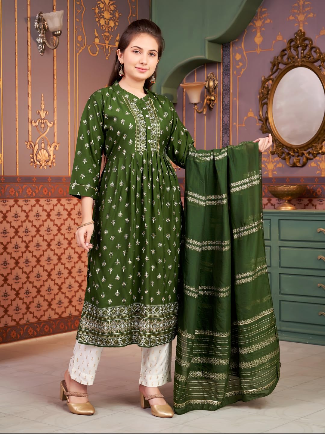 Aarika Girls Ethnic Wear Green-Off White Colour Foil Print Rayon Kurti Pant Set-8-15 Years (Kp-Sd-5979)