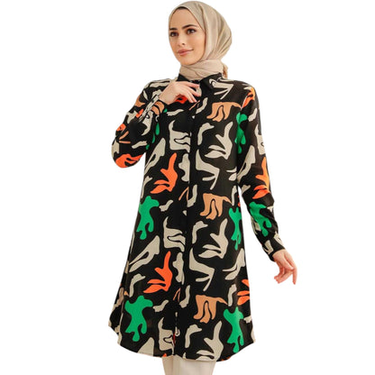 Gufrina WomenS Rayon Dress With Long Puff Sleeves Mandarin Collared Neck Tie Die Printed A-Line Style Regular Fit And Knee Leng