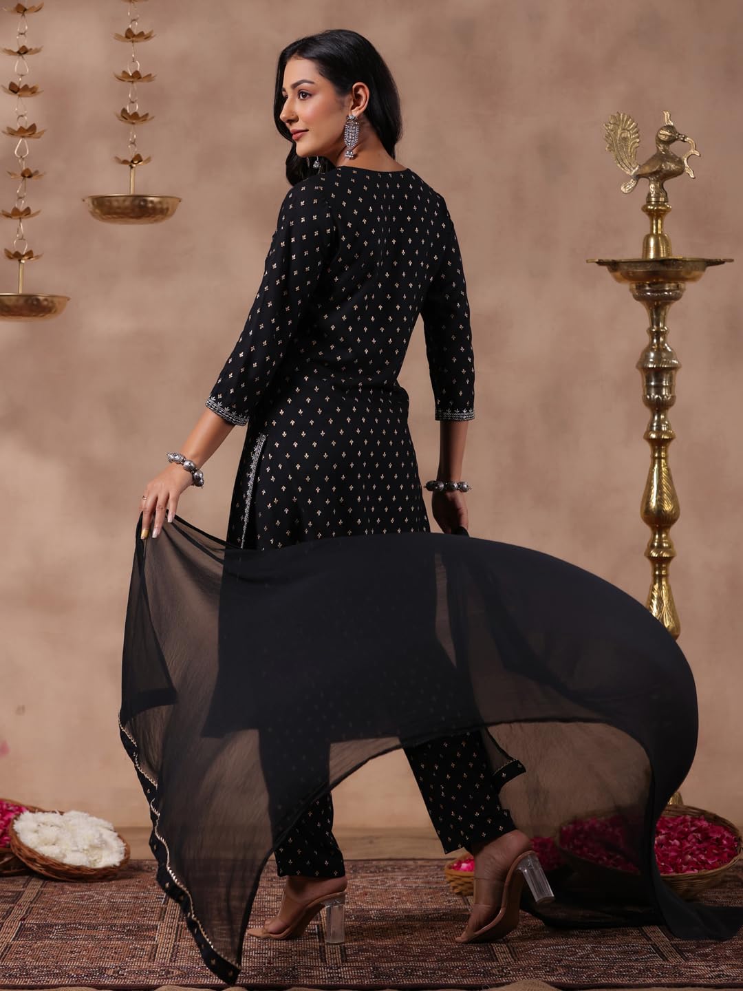 anubhutee Women's Black Ethnic Motifs Zari Work Straight Kurta with Trousers & Dupatta