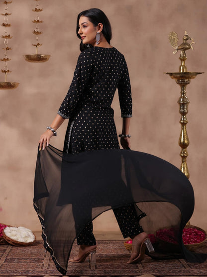anubhutee Women's Black Ethnic Motifs Zari Work Straight Kurta with Trousers & Dupatta