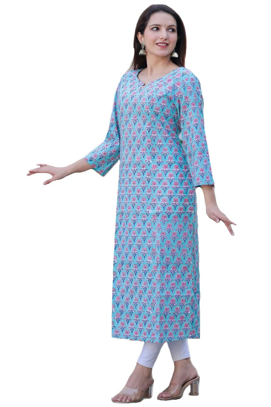 ANNI DESIGNER Women's Cotton Blend Traditional Straight Printed Kurta (Shabar Blue)