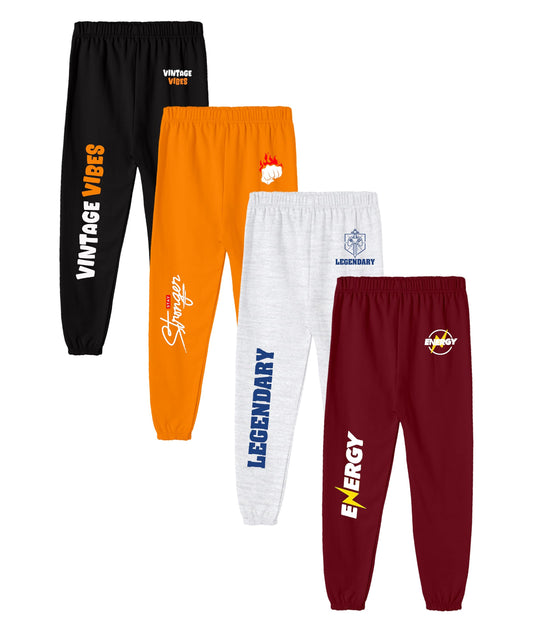 Kyda Kids Boys Mid Rise 100% Pure Cotton Printed Regular Fit Track Pants (Pack Of 4)