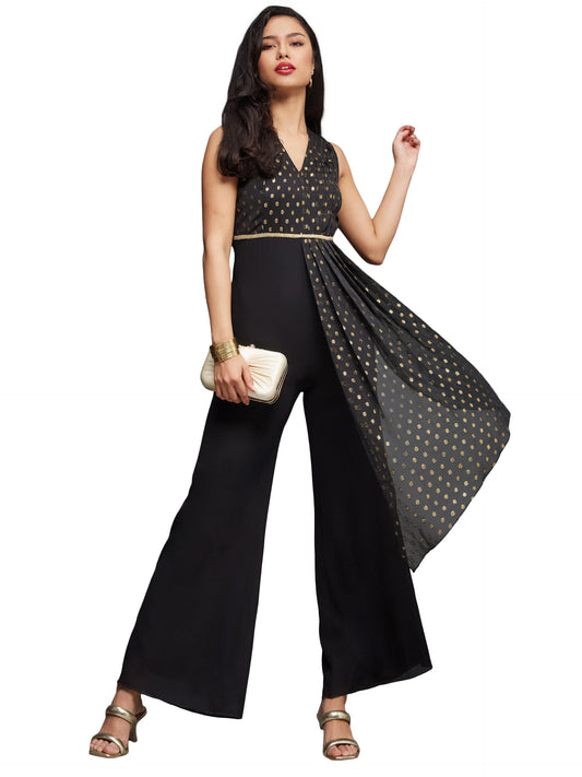 Miss Chase WomenS Self Design V-Neck Sleeveless Polyester Pleated Regular Length Jumpsuit With Pockets (Mcss22D15-48-62-06, Blac
