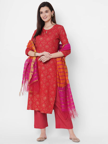 GoSriKi Women's Cotton Blend Straight Printed Kurta and Palazzos & Dupatta (Client Nw-GO)