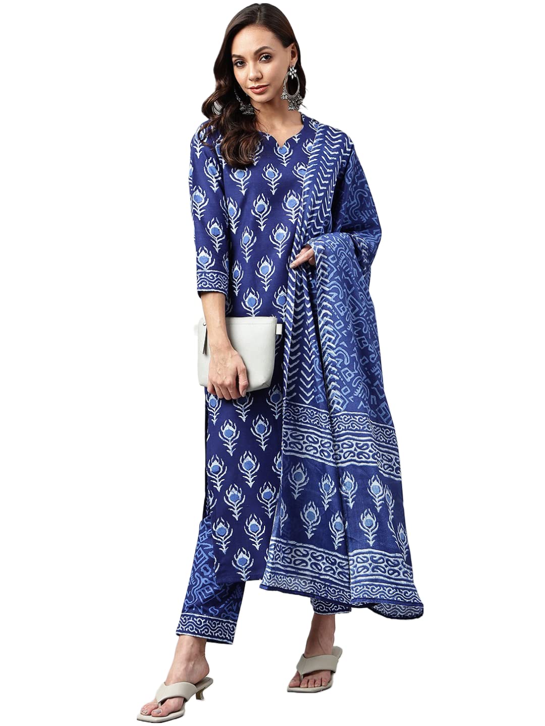 ANNI DESIGNER Womens Cotton Blend Floral Straight Kurta with Pant & Dupatta (Bulgeriya Blue-NW X-Large)