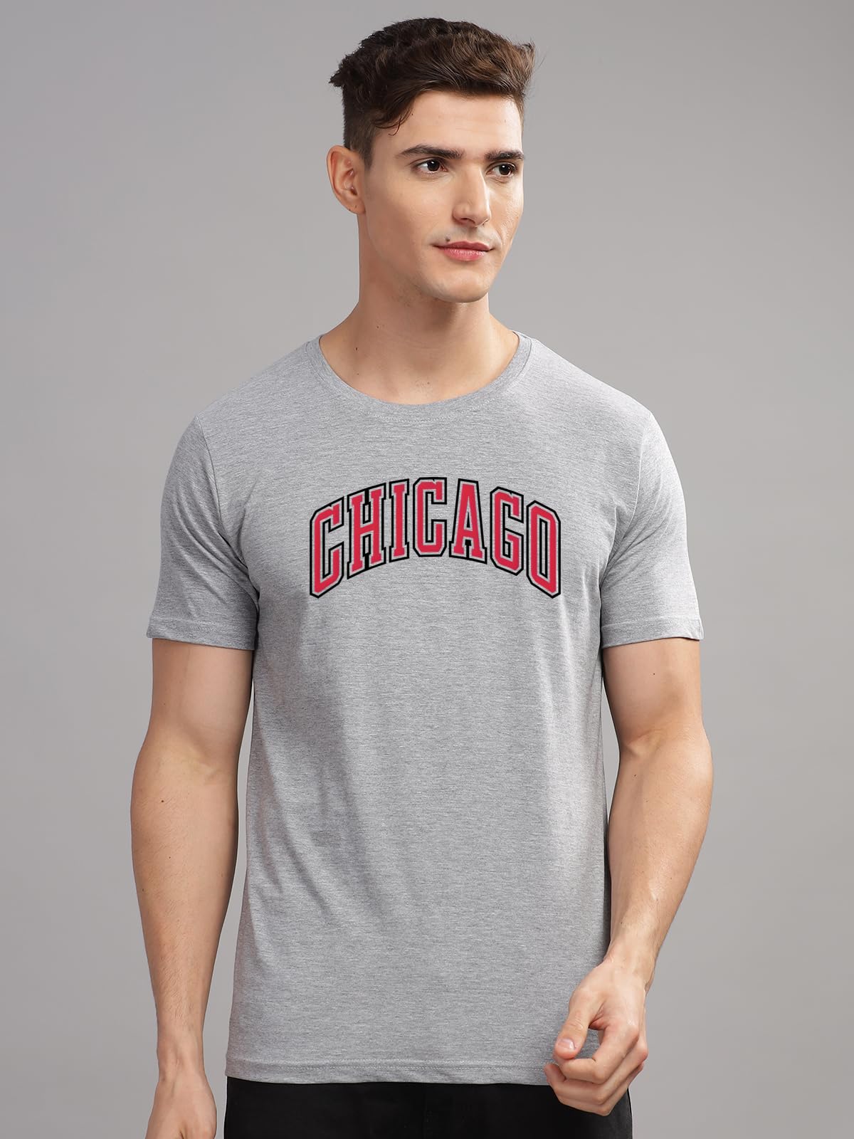 ADRO Mens T Shirt Urban Style Tshirt Printed with Chicago Design Cotton & Eye Catching Print Stylish T-Shirt for Men Grey Tshirt