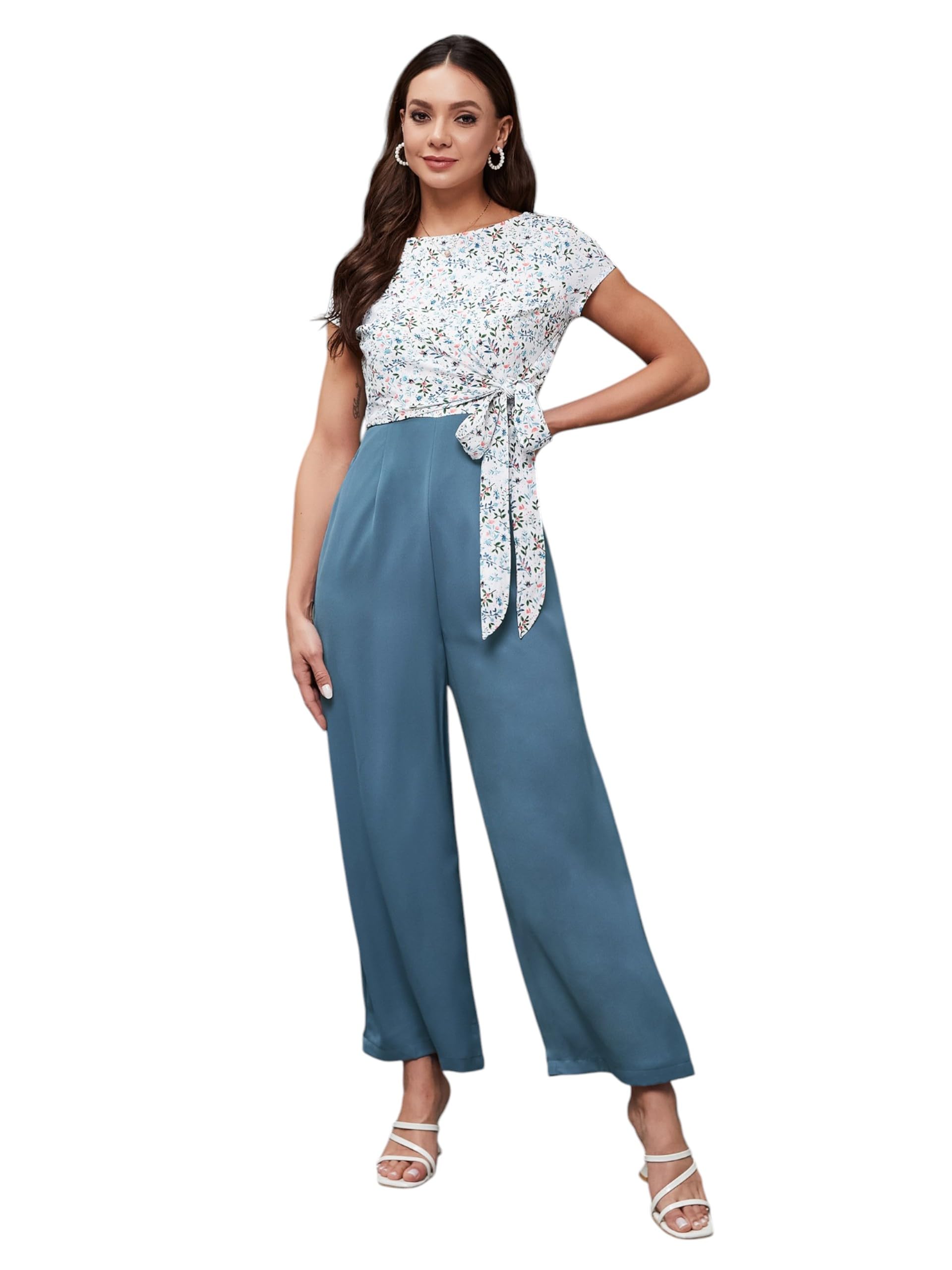 Miss Chase Womens Round Neck Short Sleeves Floral Waist Tie Up Regular Length Jumpsuit (MCSS25D93-16-253-06, Multicolor Base Az