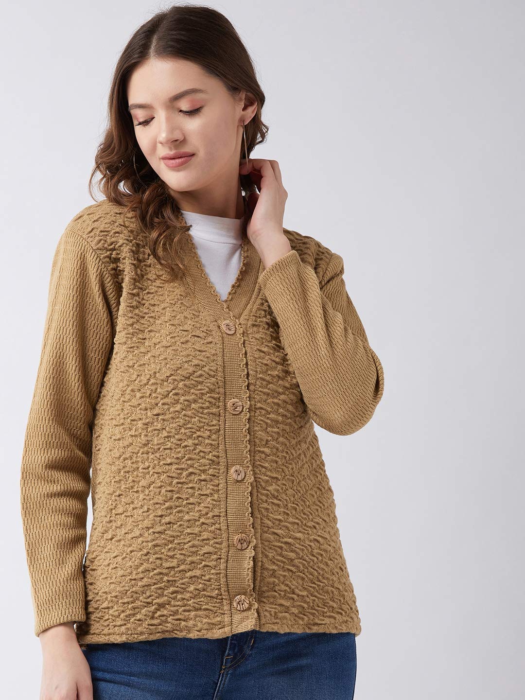 Pivl Womens Blended V-Neck Cardigan Sweater (PV502_Camel