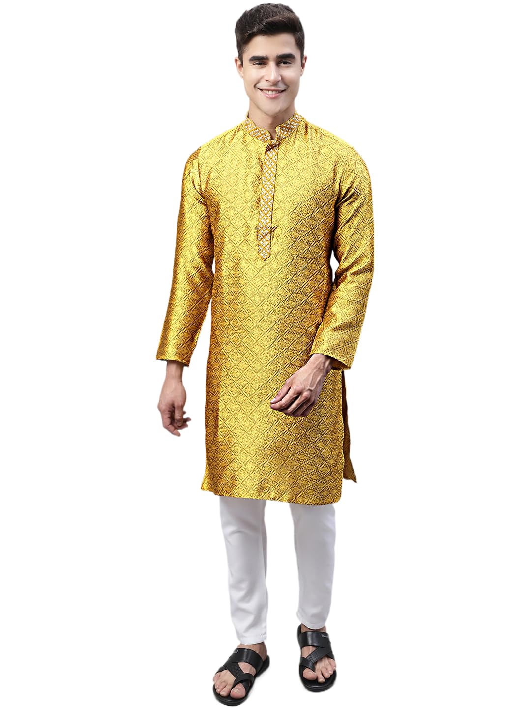 Jompers Mens Collar Embroidered Silk Jacquard Kurta Pyjama Set