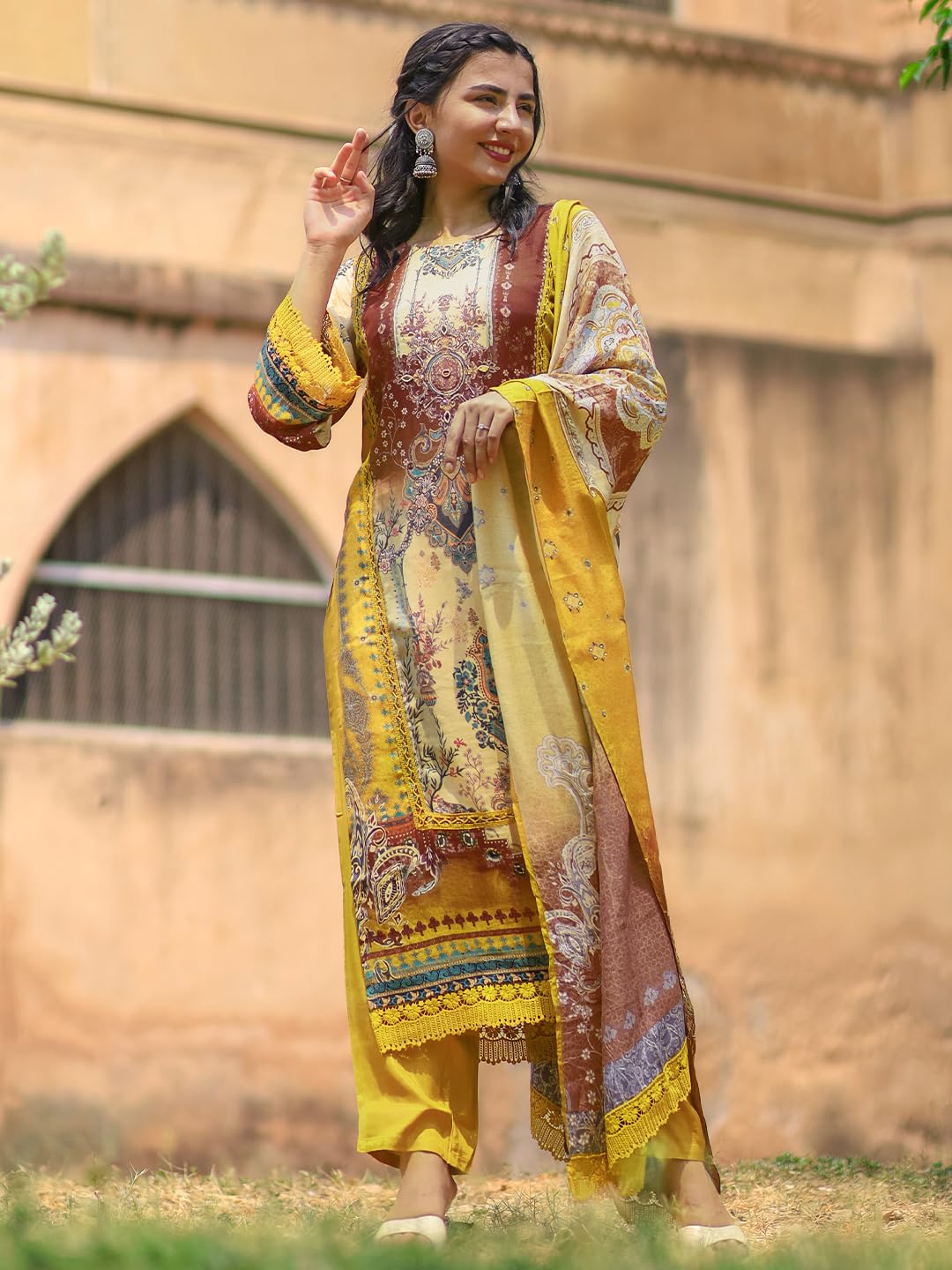 Libas Womens Printed Silk Blend Pakistani Kurta With Trousers And Dupatta