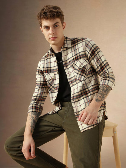 Dennis Lingo MenS Beige Cotton Spread Collar Long Sleeves Checked Shirts