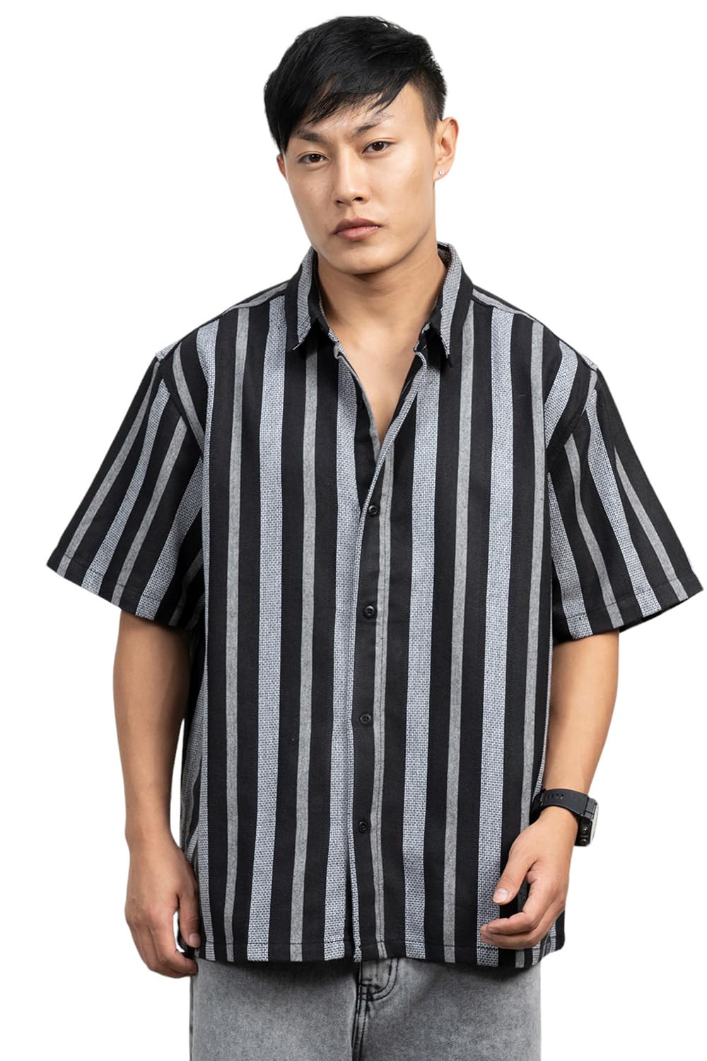 Hubberholme Men Cotton Short Sleeves Oversized Striped Shirt 14 Multicolour