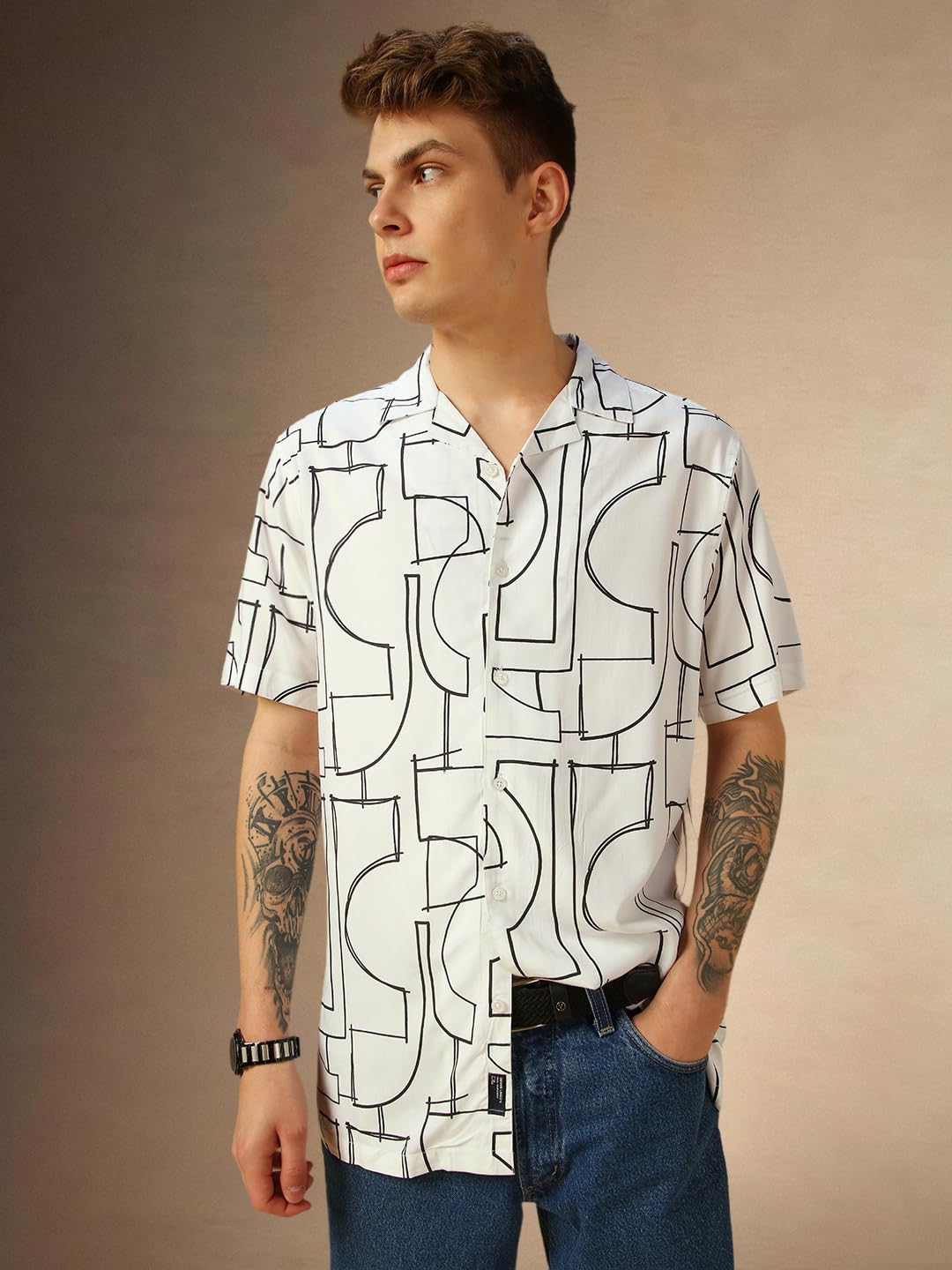 Dennis Lingo Men White Printed Cotton Relaxed Fit Half Sleeve Shirts